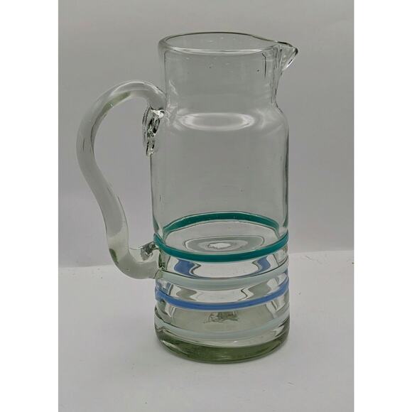 Anthropologie Hand Blown Art Glass Pitcher Blue and Green Stripes 9.5 Inches - Picture 2 of 6